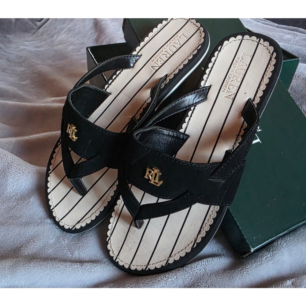 Ralph Lauren Black Sandals with Gold Emblem
